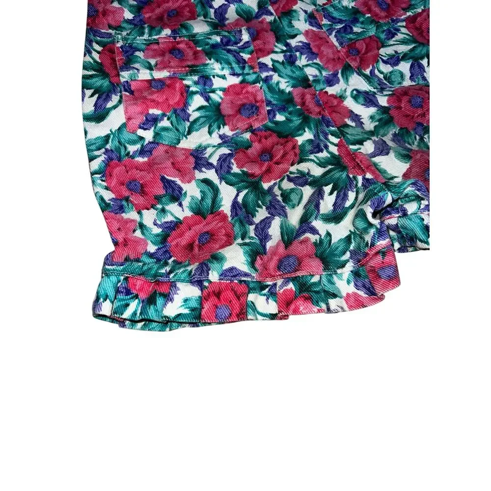 Vintage 80/90s Floral pink purple green denim ruffled shortalls girls size 4T